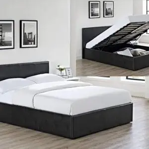 Double Storage Ottoman Gas Lift Up Bed Frame, Massive Storage Underneath Faux Leather High Headboard Bed, Sprung Wooden Slats Base (Brown)